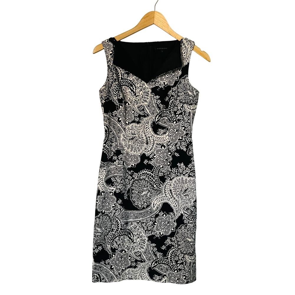 David Meister Paisley Print Sleeveless Sheath Dress Size 2 Black White